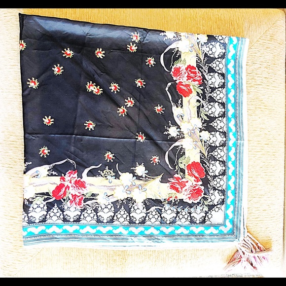 Johnny Was Black Floral 42” Square Tasseled Rayon Scarf EUC, Navy, With Box - Picture 5 of 9